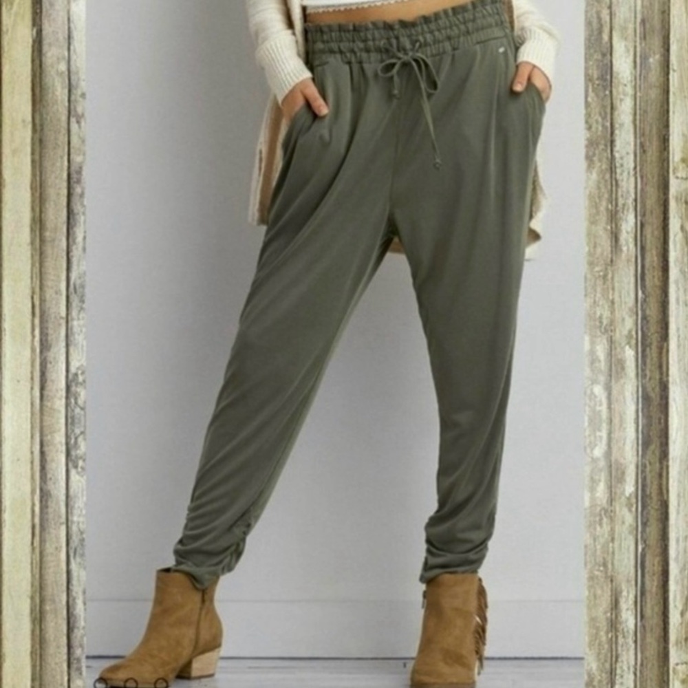 American Eagle Outfitters Joggers Ruched Ankle Olive Green Knit S Casual Soft